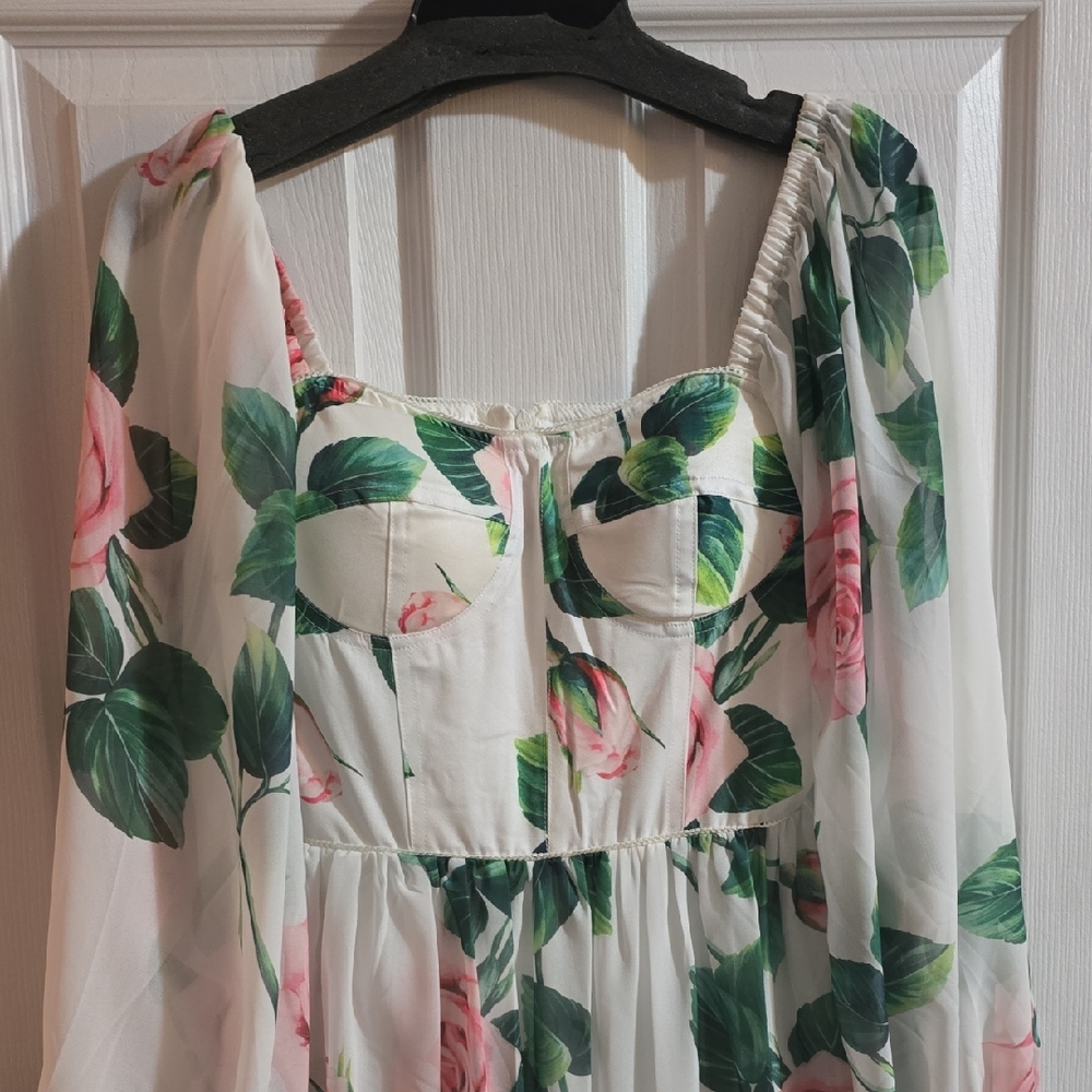 Floral Long Sleeve Dress - Green and Pink